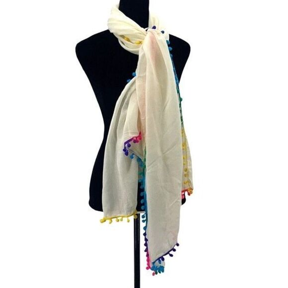 Lara Ethnics Rainbow Pompom Scarf Cream Boho Colorful Light Weight - Picture 1 of 5